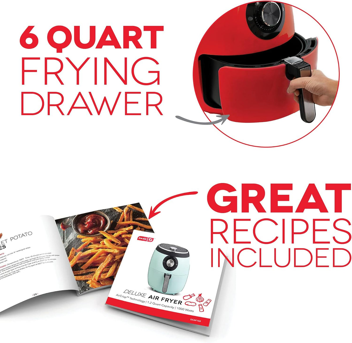 Dash Deluxe Electric Air Fryer + Oven Cooker with Temperature Control, Non-stick Fry Basket, Recipe Guide + Auto Shut off Feature, 1700-Watt, 6 Quart - Red