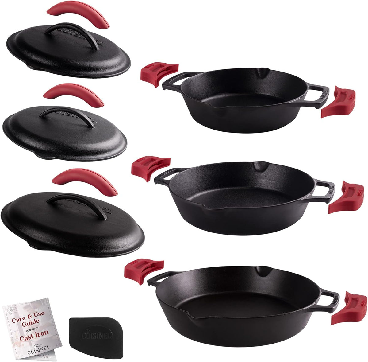 Cast Iron Skillet + Cast Iron Lid Set - 8"+10"+12" Dual Handle Frying Pans + Pan Scraper + Silicone Handle Holder Covers - Pre-Seasoned Indoor/Outdoor, Grill, Stovetop, Induction, Oven Safe Cookware