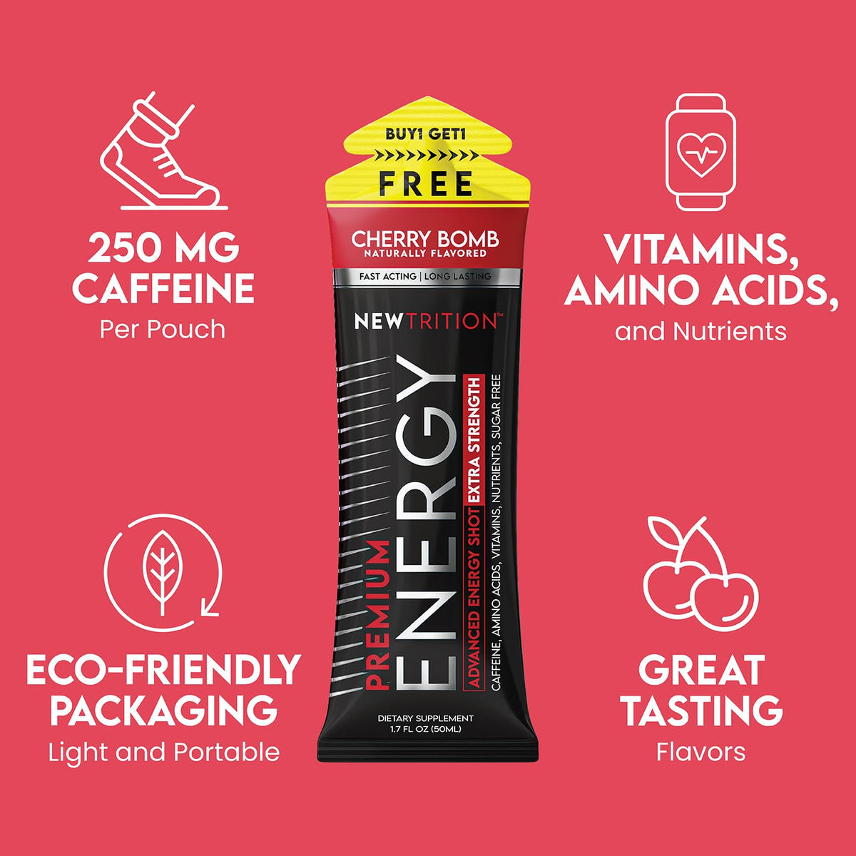 NewTrition® Extra Strength Energy Shots, 250mg Caffeine Energy Shots with Vitamin B & Amino Acids, Sugar-Free Vitamin Energy Shot, 1.7 fl oz (Pack of 12, Cherry Bomb)