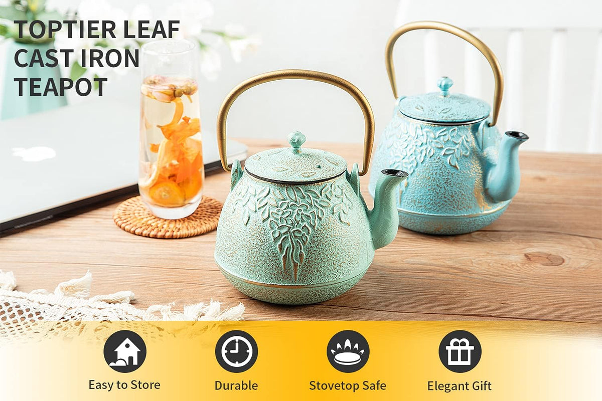 TOPTIER Japanese Cast Iron Tea Kettle with Stainless Steel Infuser, Cast Iron Teapot Stovetop Safe, Leaf Design Teapot Coated with Enameled Interior, 32 Ounce (950 ml), Turquoise Blue