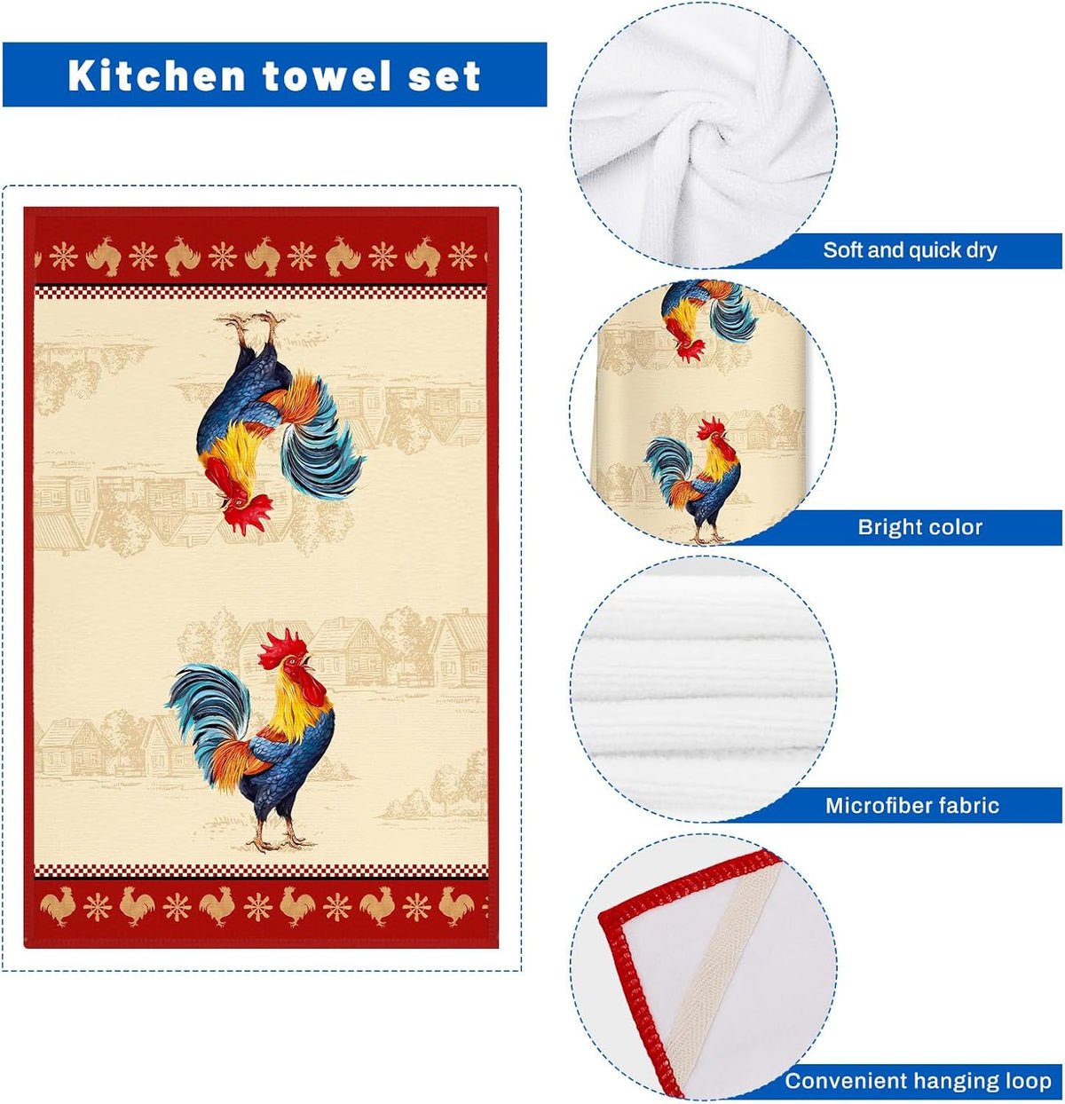Farmhouse Rooster Kitchen Towels and Oven Mitts Set 4Pcs, Soft Absorbent Dish Cloth Heat Resistant Oven Gloves for Cooking Baking Kitchen Decoration, Gifts for Her
