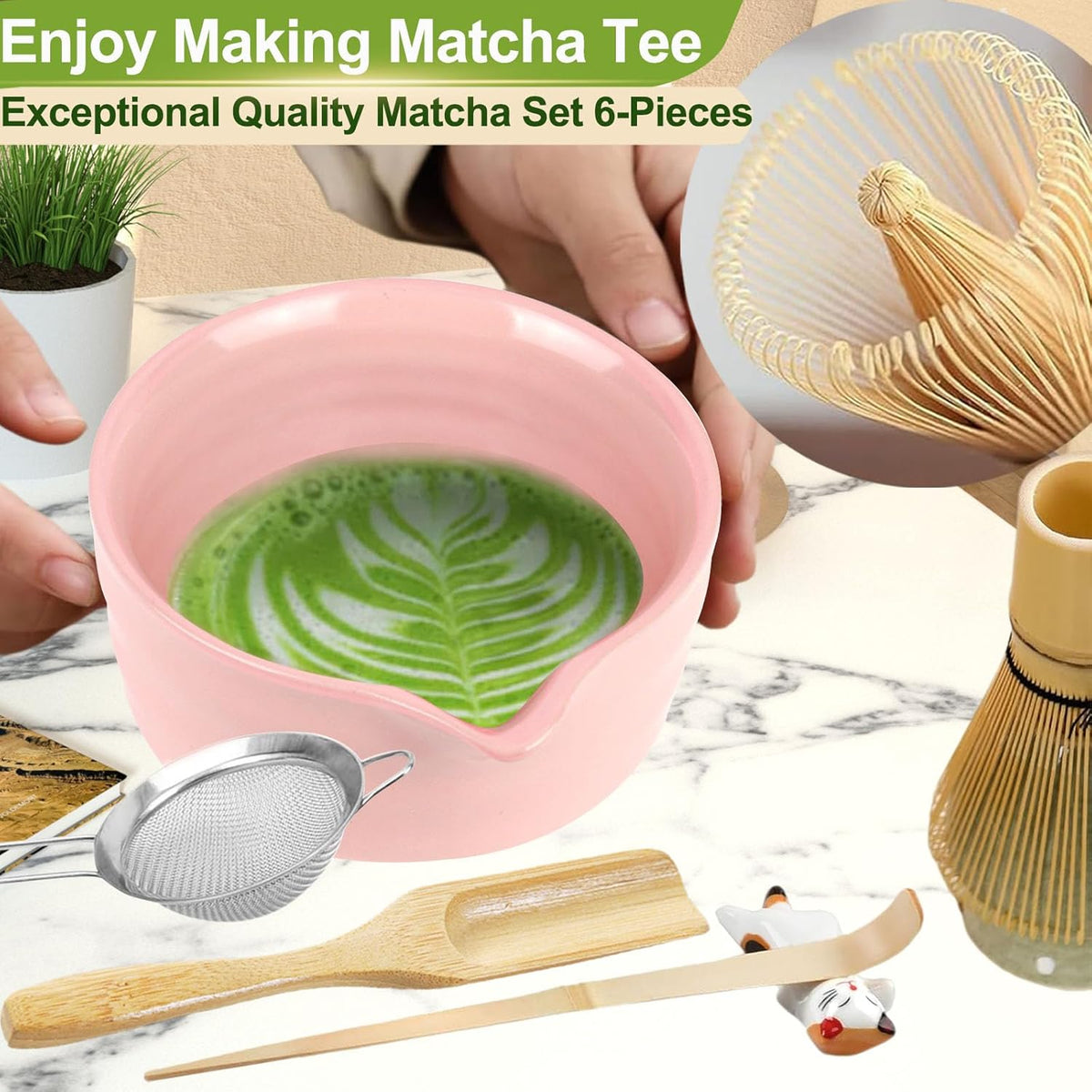 7 Pcs Matcha Whisk Set, Matcha Set with Ceramic Bowl, Whisk, Bamboo Spoon, Whisk Holder, Sifter, Scoop and Holder, Matcha Kit for Matcha Lover (Pink)