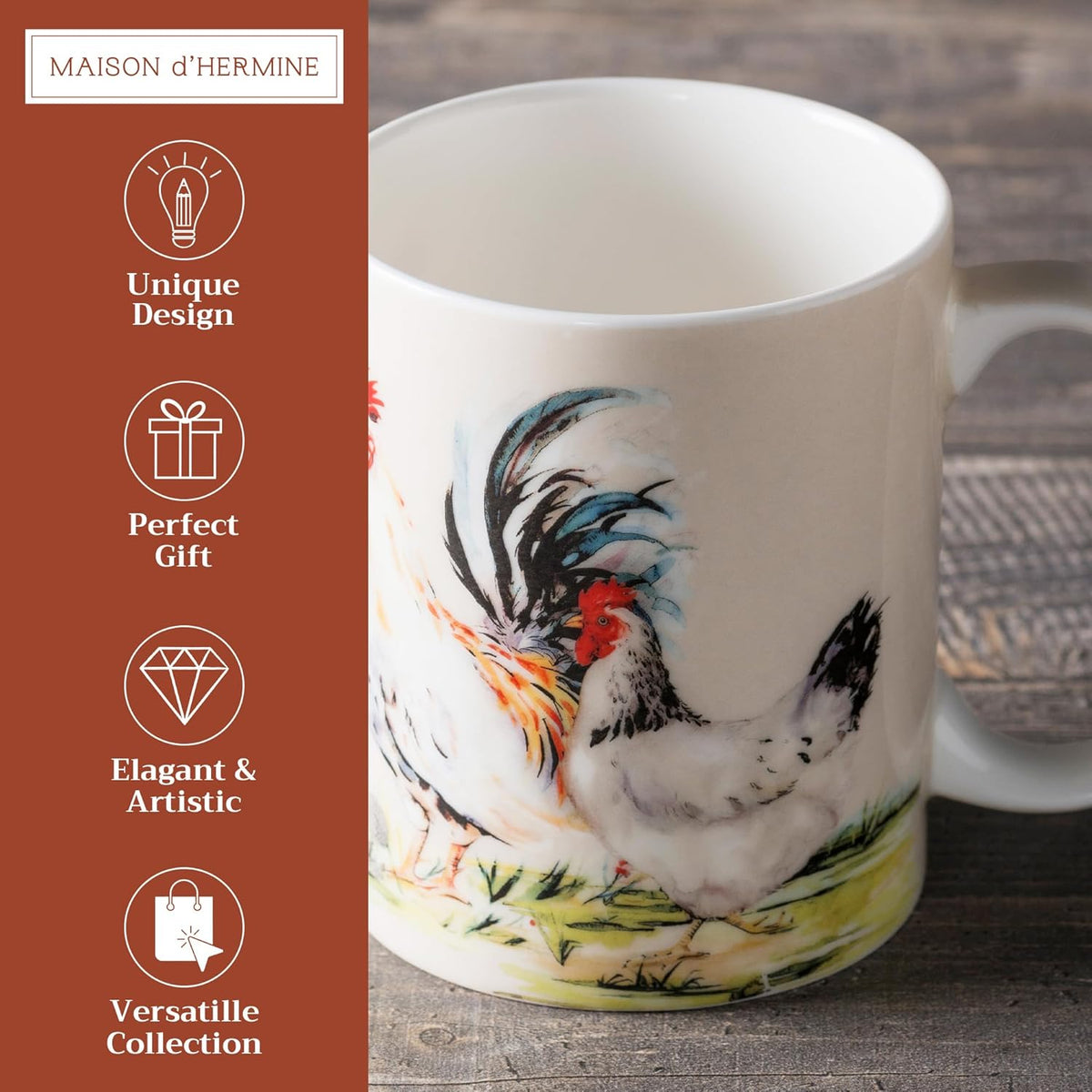 Maison d' Hermine Coffee Mug with Handles Fine Bone China Mugs Pack of One Tea Cups for Hot Beverages Cappuccino Latte Home Restaurant Office Perfect for Gift (Campagne - Basse Cour, 15 Ounce)