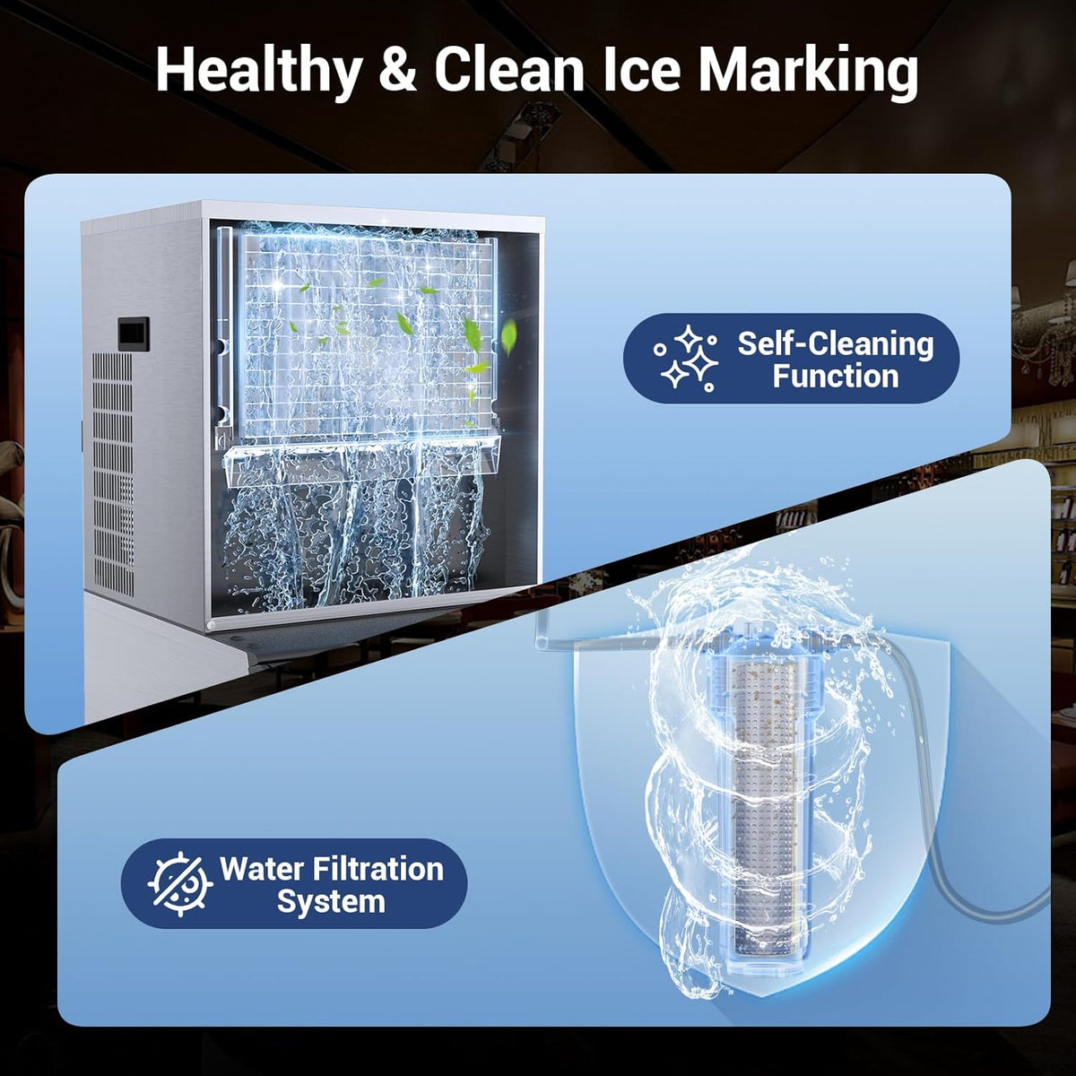 Commercial Ice Machine Maker 600lbs/24H, Ice Ready in 5-15 min, 400lbs Large Storage Bin, Stainless Steel Ice Machine with Water Line Hookup, 12 Adjustable Ice Thicknesses