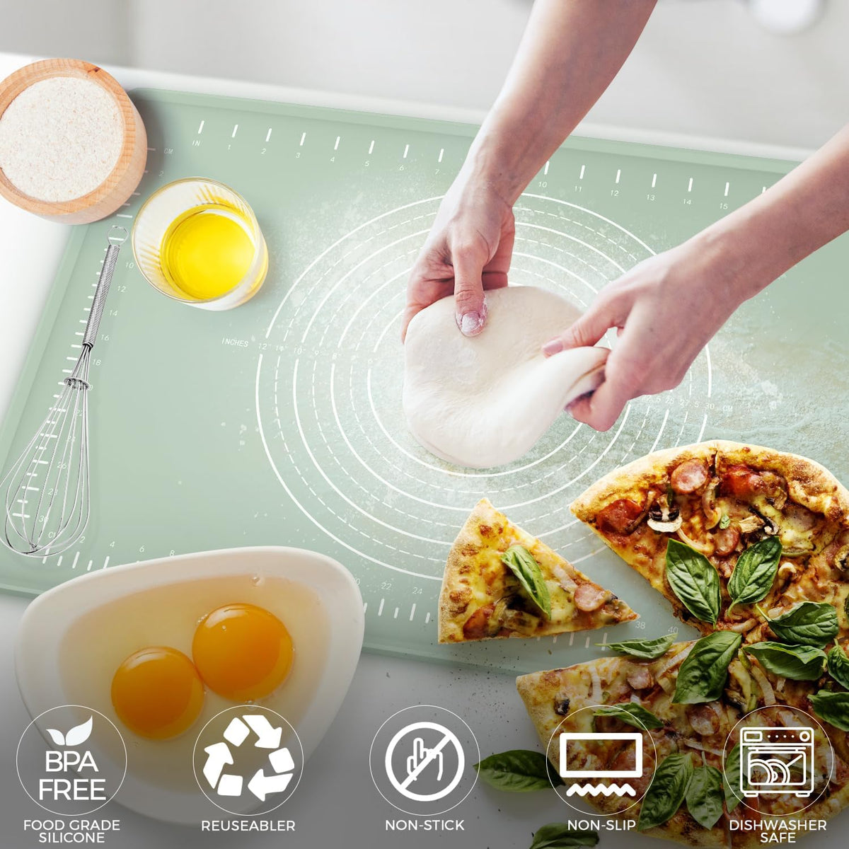 Silicone Baking Mat 32" x 24", Extra Thick Dough Rolling Mat with Measurements and Edge Heightening, Non-stick Food Grade Silicone Pastry Mat for for Pastry, Bread, Cookies, Pizza, Fondant, Pasta
