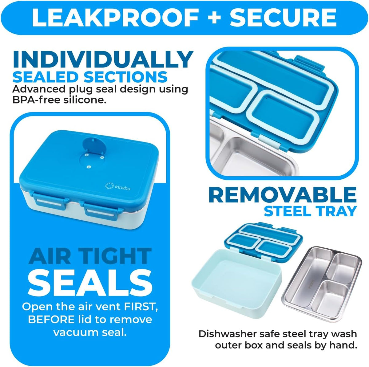 Stainless Steel Heavy Duty Bento Box Lunch Container for Older Kids, Teens, Adults with Removable Tray, Leakproof Silicone Seals, BPA Free 26 oz/790 mL (Blue)