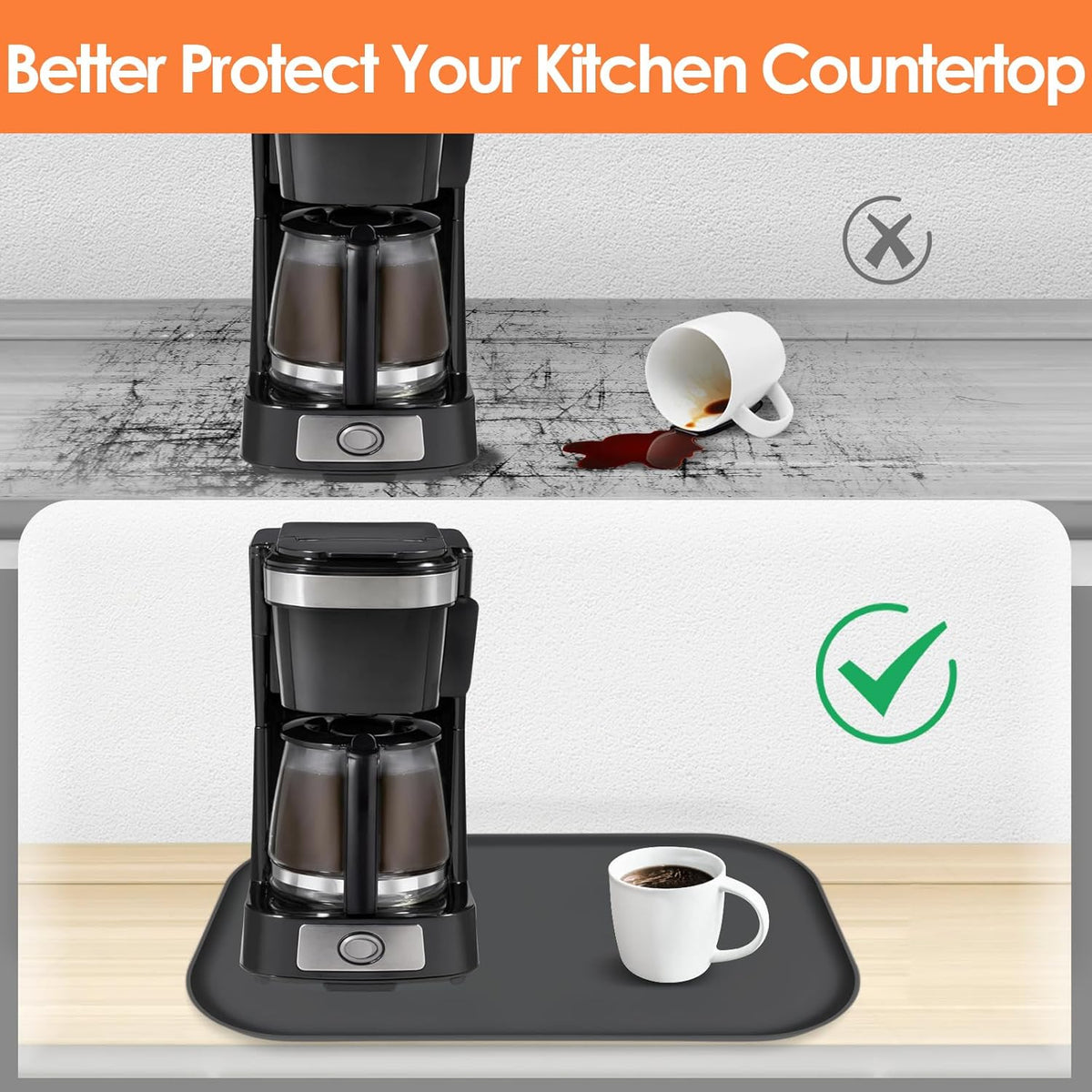 TOHONFOO Silicone Coffee Maker Mat with Lip, 17.4'' x 10.6'' Heavy Duty Coffee Maker Mat for Countertops, Coffee Tray Fit Under Coffee Machine Appliance Automatic Machines Espresso Accessory, Black