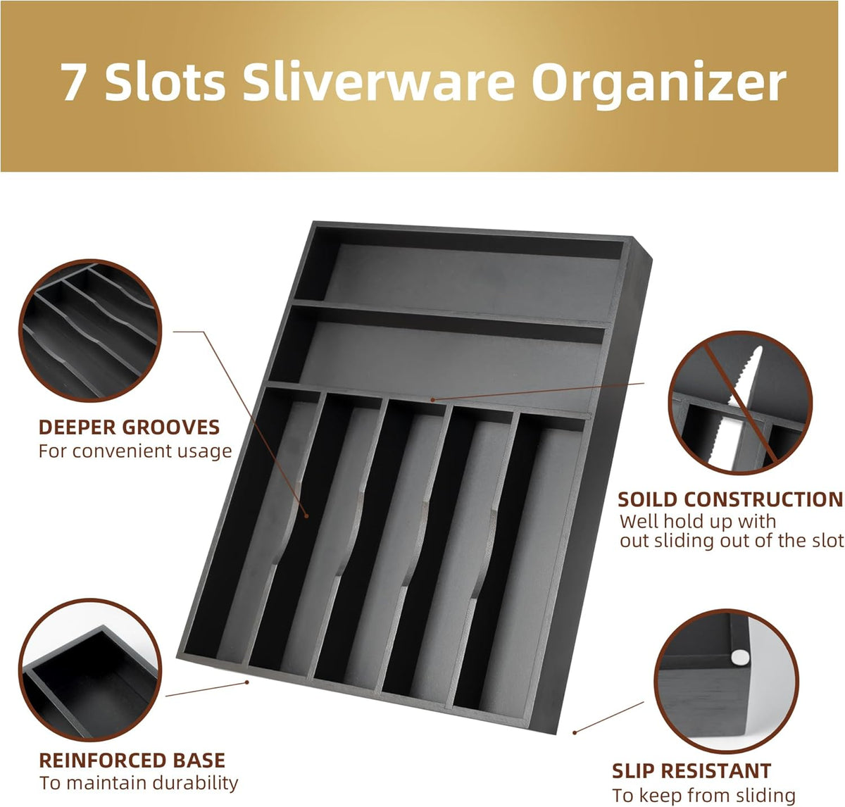 Silverware Organizer Kitchen Drawer Organizer Utensil Organizer Bamboo Silverware Holder Cutlery Organizer in Drawer Flatware Organizer Tray(7 slots, Black