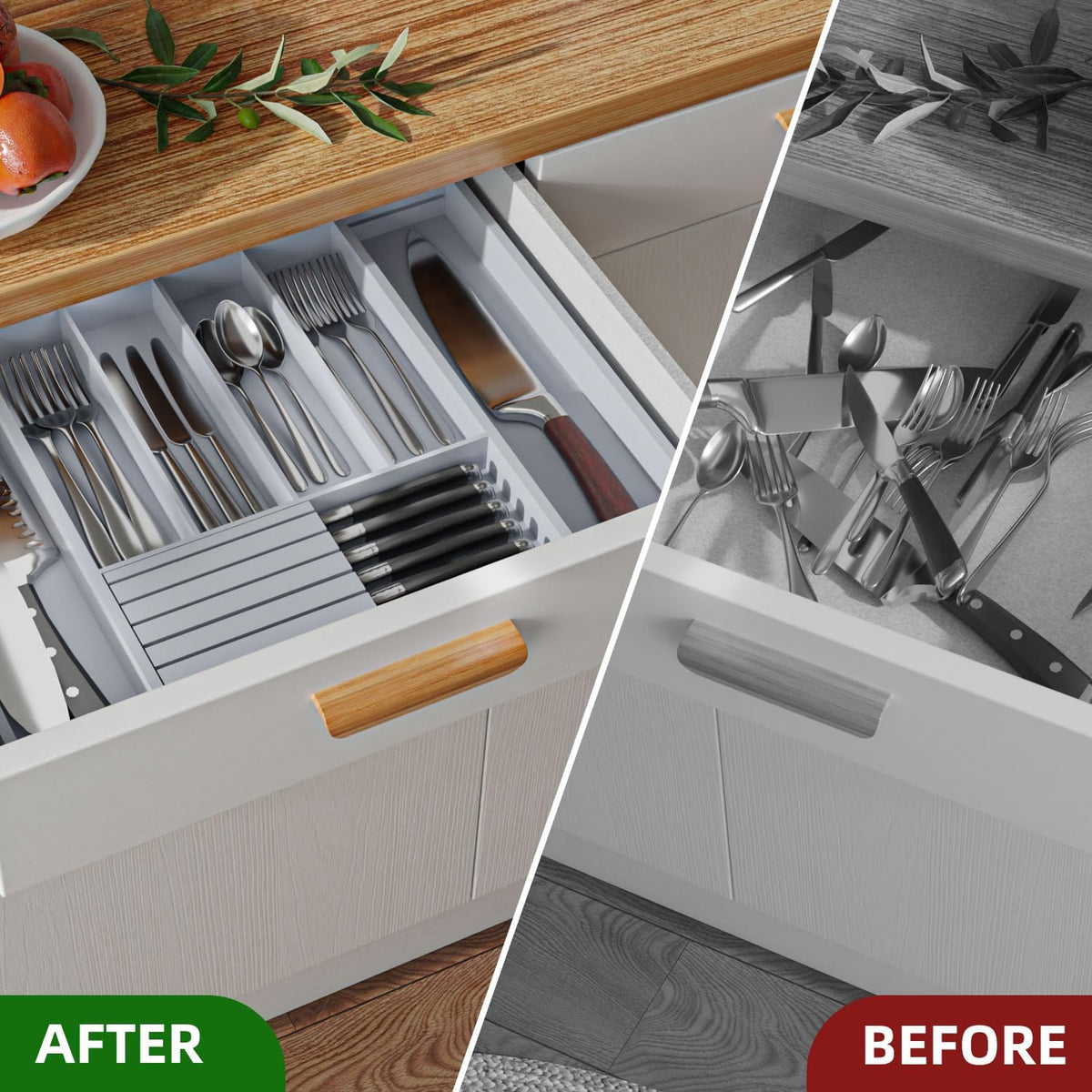 Large Utensil Drawer Organizer with Divider - Removable Kitchen Knife Holder Bamboo Adjustable Flatware Organizer for Drawer W12.8-20.2" x L16 x H2 (Grey)