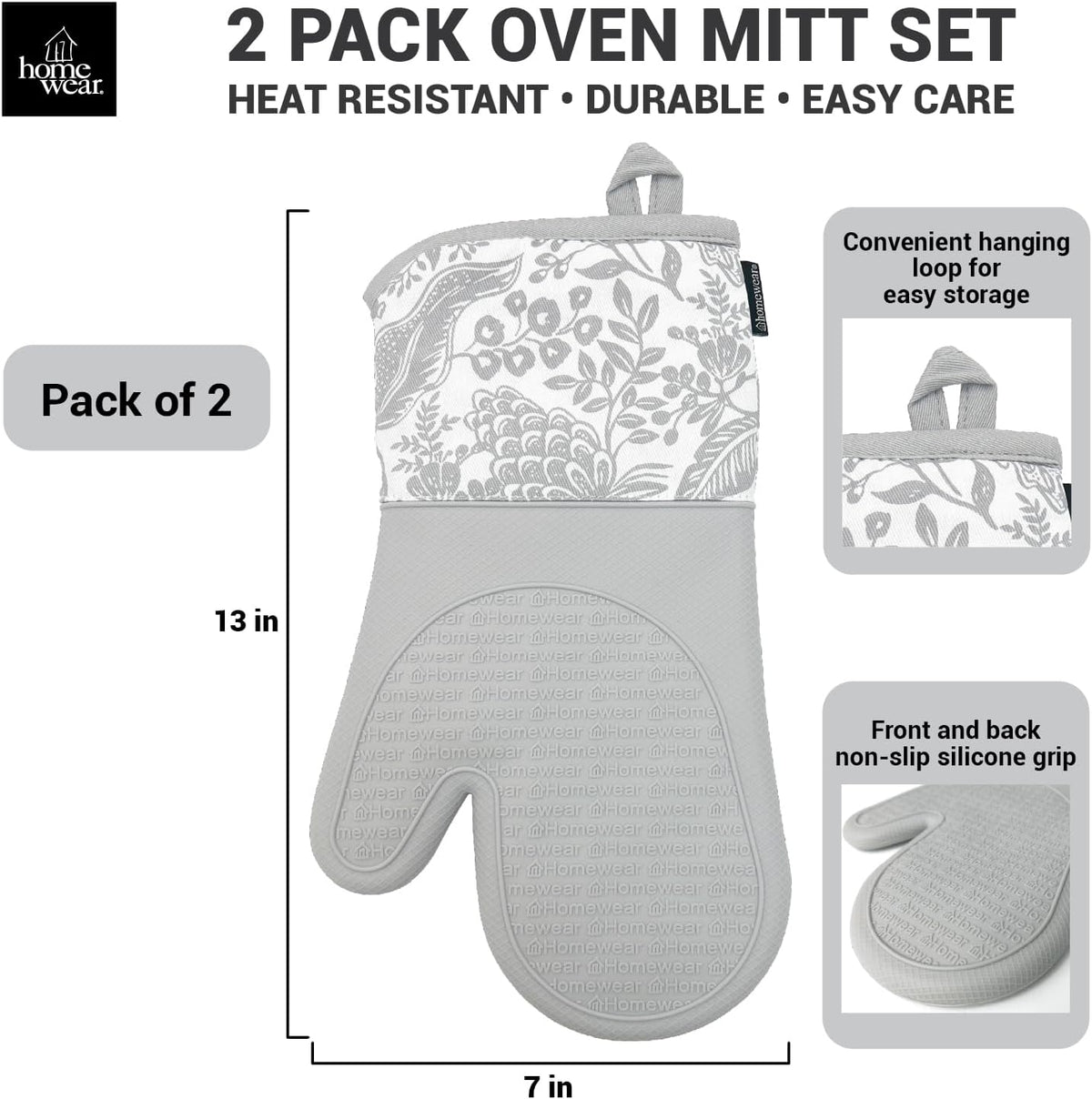 Delaney Silicone Oven Mitts Set - Extra Long, Heat Resistant Kitchen Gloves, Non-Slip Holders for BBQ, Baking, Cooking Essentials, Grey Toile, Kitchen Decor, Oven Gloves, New Home Gifts