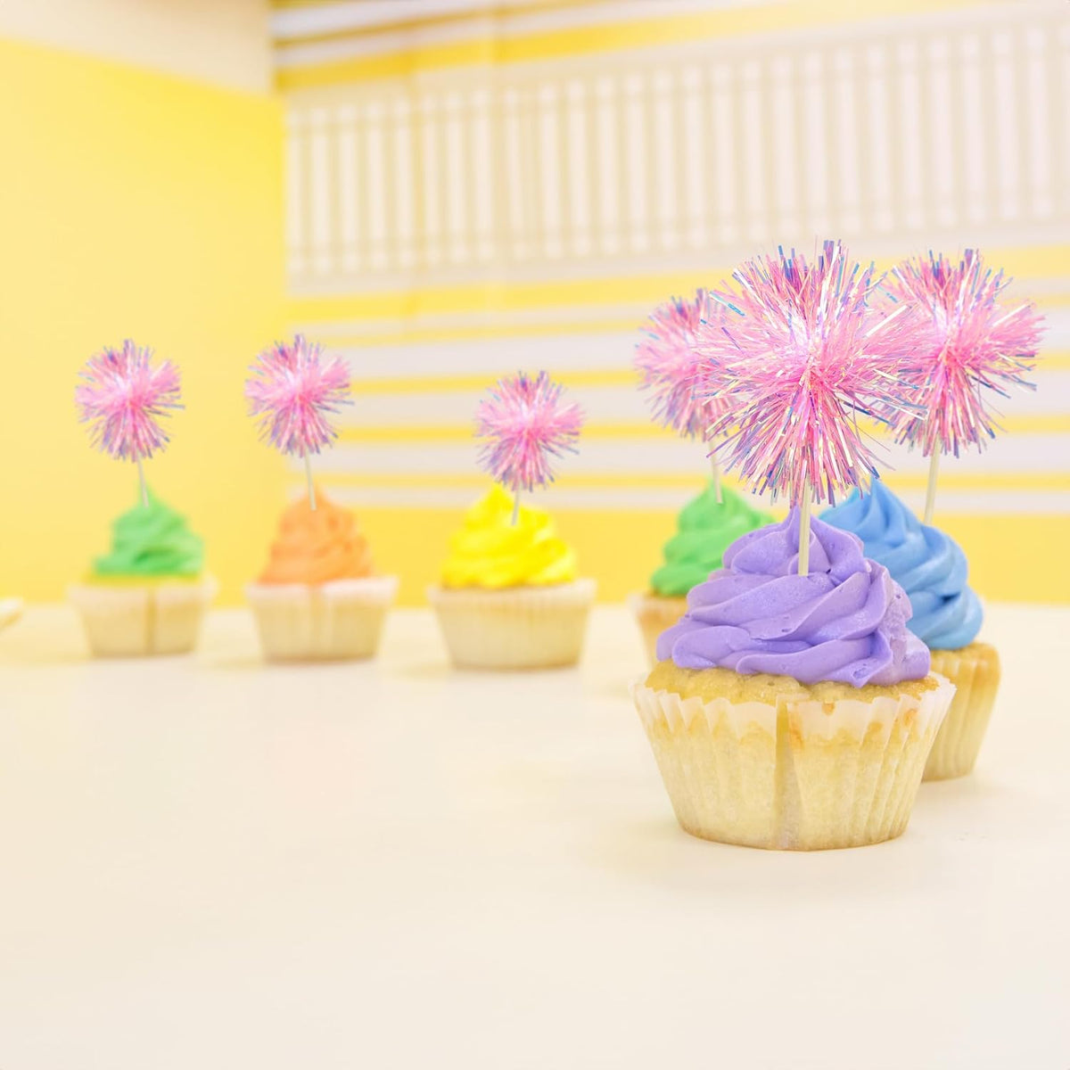 Gyufise 30Pcs Foil Firework Cupcake Toppers Sparkle Tinsel Cake Toppers Tinsel Drink Cake Decoration Cocktail Picks for Birthday Wedding Graduation Party Supplies Dark Pink
