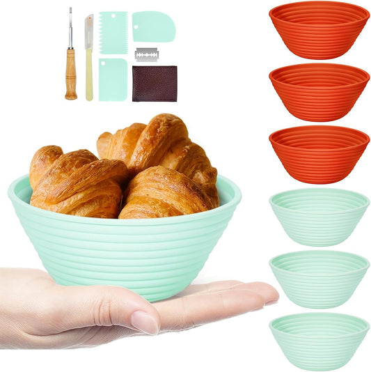 Silicone Banneton, Sourdough Bread Baskets (Set of 6, 5 Inch), Round Proofing Bread Bowls with Starter Kit, Bread Making Baking Supplies
