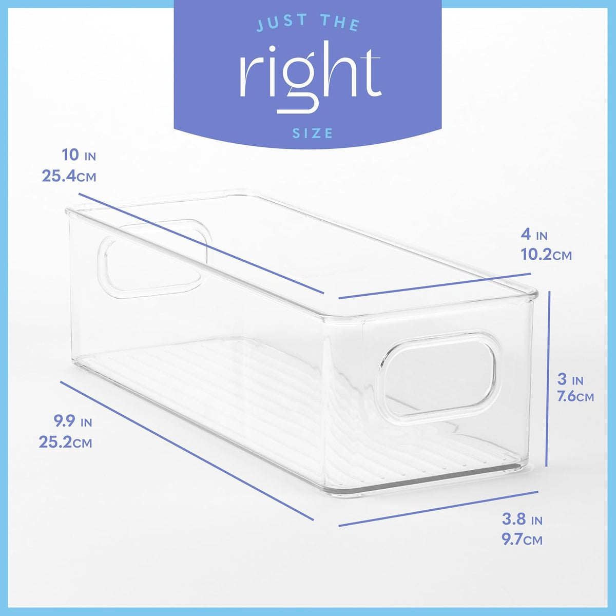 Plastic Food Storage Clear Container 2 Pack Bin with Handles for Organizing Kitchen, Pantry, Refrigerator, Freezer, Pantry, Cabinet, Closet, Bathroom. Stackable 10”x4”x3”