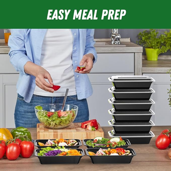 50 Pack (100-Piece) 32 oz Meal Prep Containers Reusable with Lids, Sturdy Leakproof & Food Safe, Microwave, Freezer, Dishwasher Safe Prep Containers, To Go Take Out Plastic Food Storage