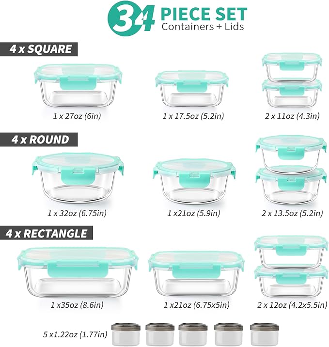 34pcs Glass Food Storage Containers with Lids Set, Airtight Glass Meal Prep Containers (17 Containers & 17 Lids), Leak Proof Lunch Containers BPA-Free, Microwave, Oven, Freezer, Dishwasher Safe-Green