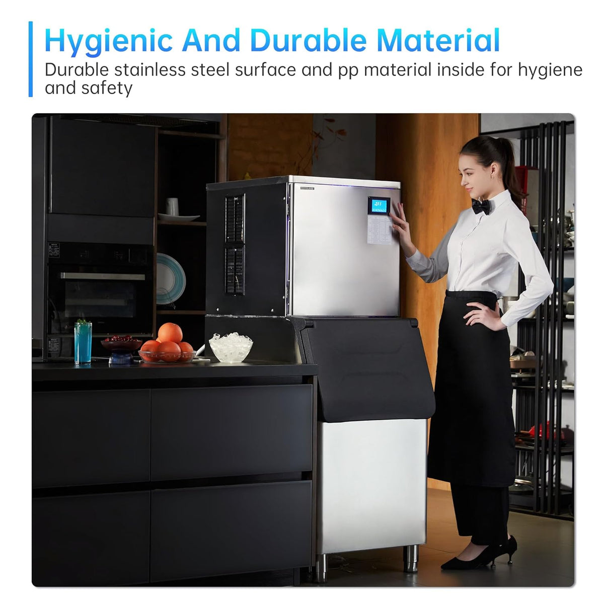 Commercial Ice Maker Machine, 500 lbs /24 h, 330 lbs Storage Bin, Stainless Steel, Automatic Cleaning, Blue Ray, Perfect for Bar or Business, Includes Ice Shovel, Connection Hose