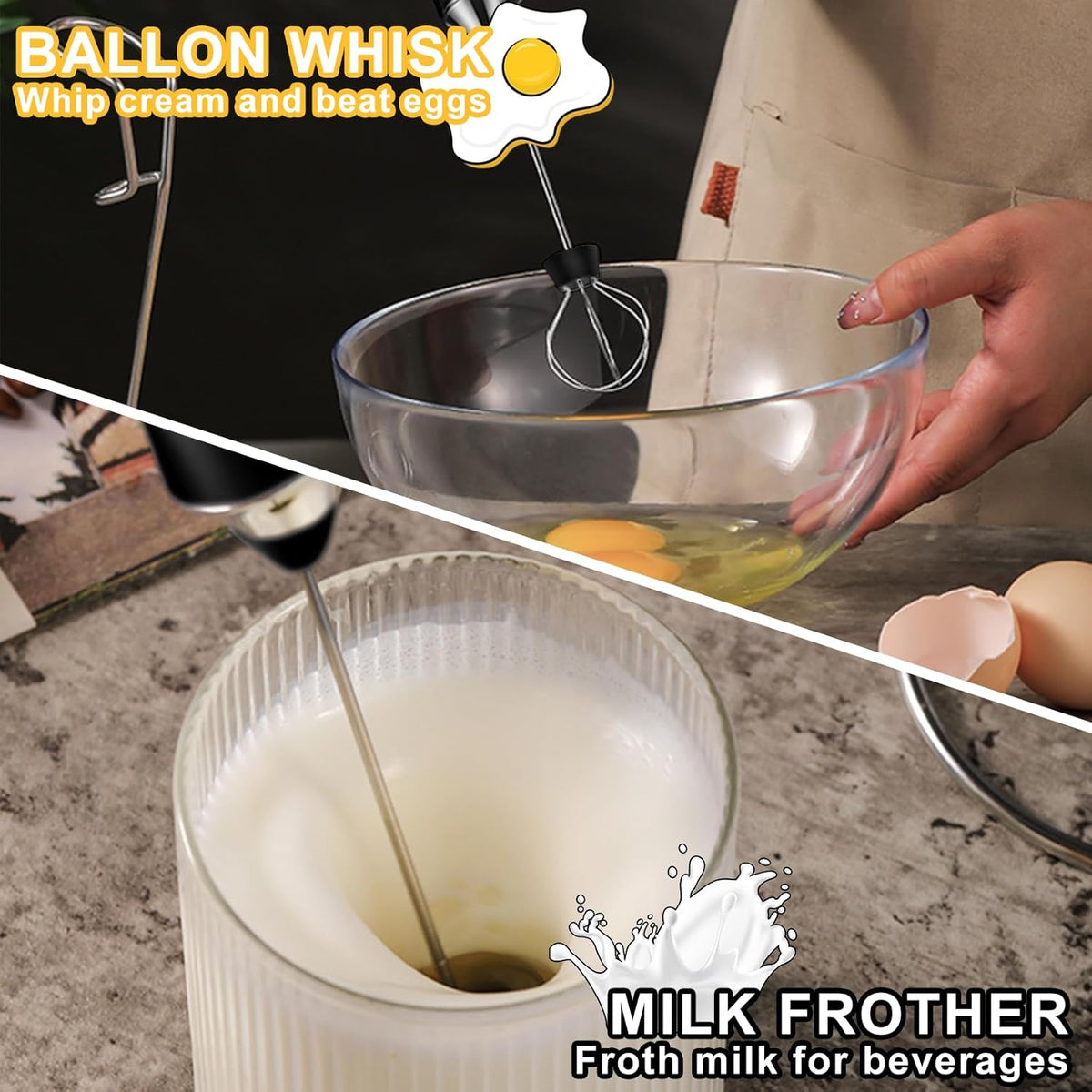 SOUTHMAN Milk Frother Foamer with Stainless Steel Stand, Rechargeable Electric Milk Frother Handheld Whisk, Drink Mixer for Latte, Cappuccino