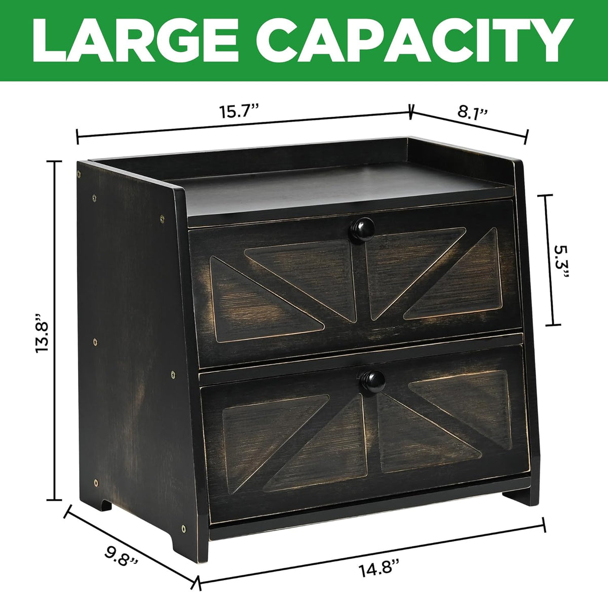 Ollieroo Vintage Double Layer Bread Box for Kitchen Countertop, Bamboo Bread Storage Container, Breadbox for Homemade Bread, Large Capacity Bread Bin(Black)