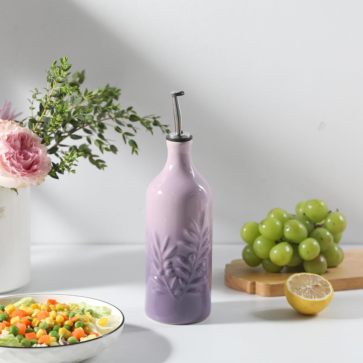 Sweejar Ceramic Olive Oil Dispenser Bottle, 20 Oz Relief Opaque Oil Cruet Protects To Reduce Oxidation, Suitable for Storage Soy Sauce, Coffee Syrup, Liquids, Set of 1 (Gradient Purple)