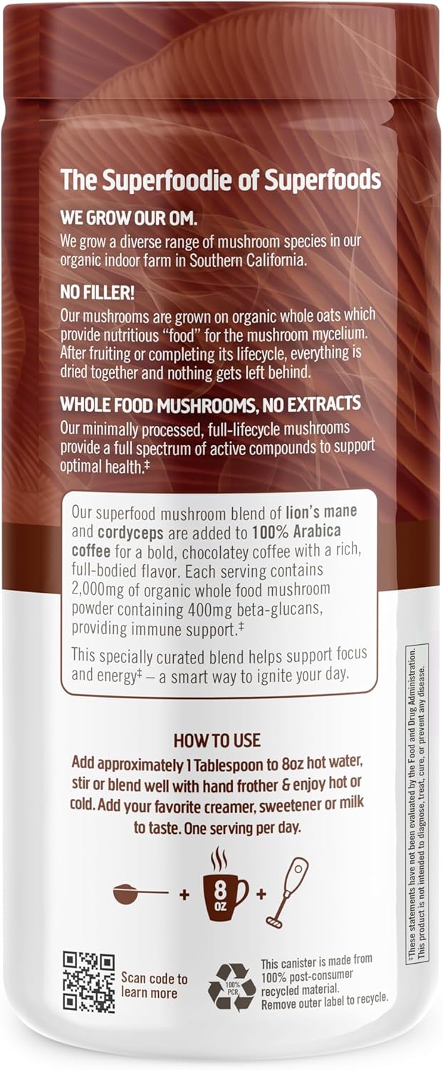 OM MUSHROOM SUPERFOOD Coffee Blend Mushroom Powder, 6.24 Ounce Canister, 30 Servings, Organic Arabica Beans, Lion's Mane, Cordyceps, Turkey Tail, Ginkgo Biloba, Supports Energy and Focus