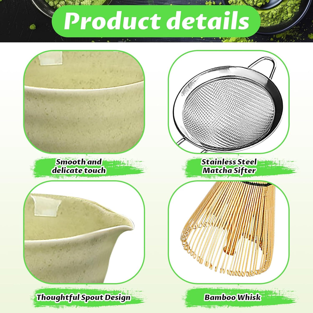 Matcha Set, 6 Pcs Matcha Whisk Set with 20 oz Bowl, Bamboo Whisk for Matcha Tea, Matcha Bowl, Ceramic Matcha whisk Holder, Stainless Sifter and Scoop - Gift for matcha kit Lovers（Green）
