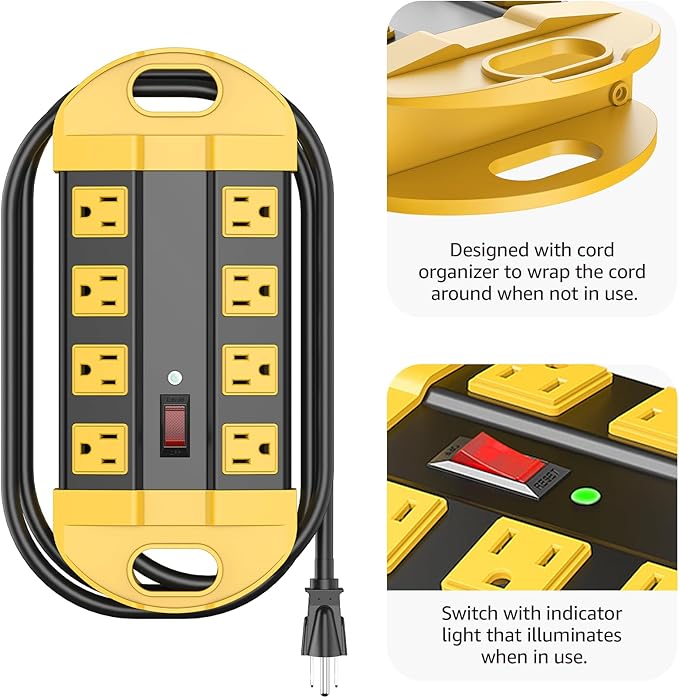 CCCEI Heavy Duty Power Strip Surge Protector, Metal 8 Outlets Power Strip for Appliance. Garage Shop Industrial Workbench 15 AMP Outlets Strip. 13FT Extension Cord