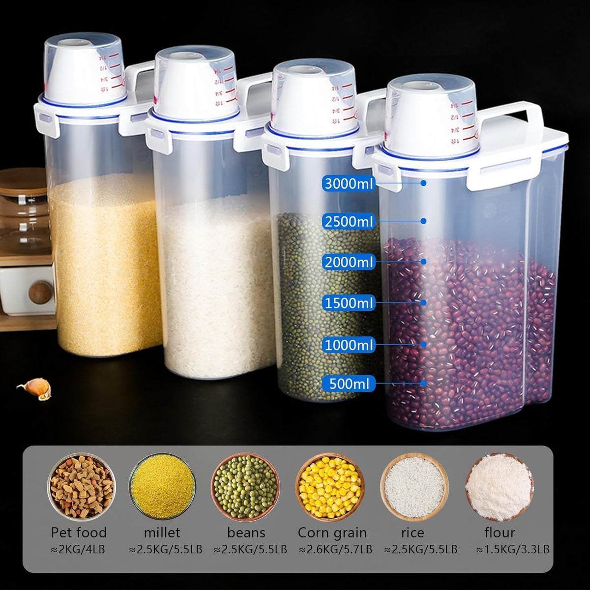 5.5 Lbs Rice Airtight Dry Food Storage Container Set of 4, Rice Storage Bin Cereal Containers Dispenser, Thicken Plastic Clear Food Storage Box with Pouring Spout, Measring Cup for Grain, Flour Snacks