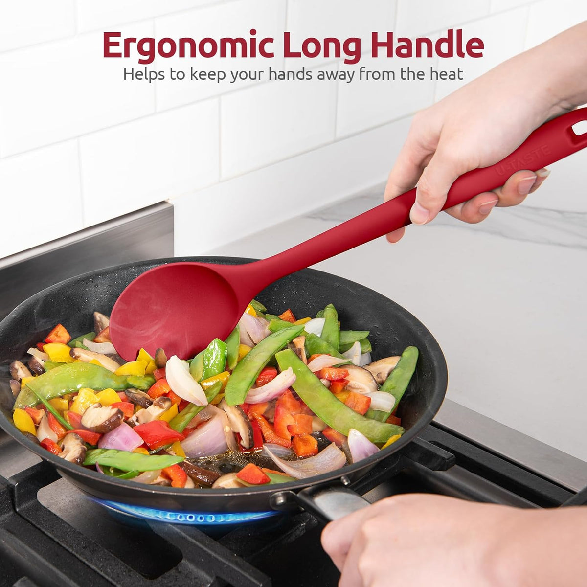 600ºF Heat Resistant Silicone Spoon: U-Taste 13.3in Solid Kitchen Cooking Spoon, Nonstick Food Grade Large & Long Soup Rubber Utensil for Mixing, Serving, Stirring, Basting, for Pot Cookware (Red)