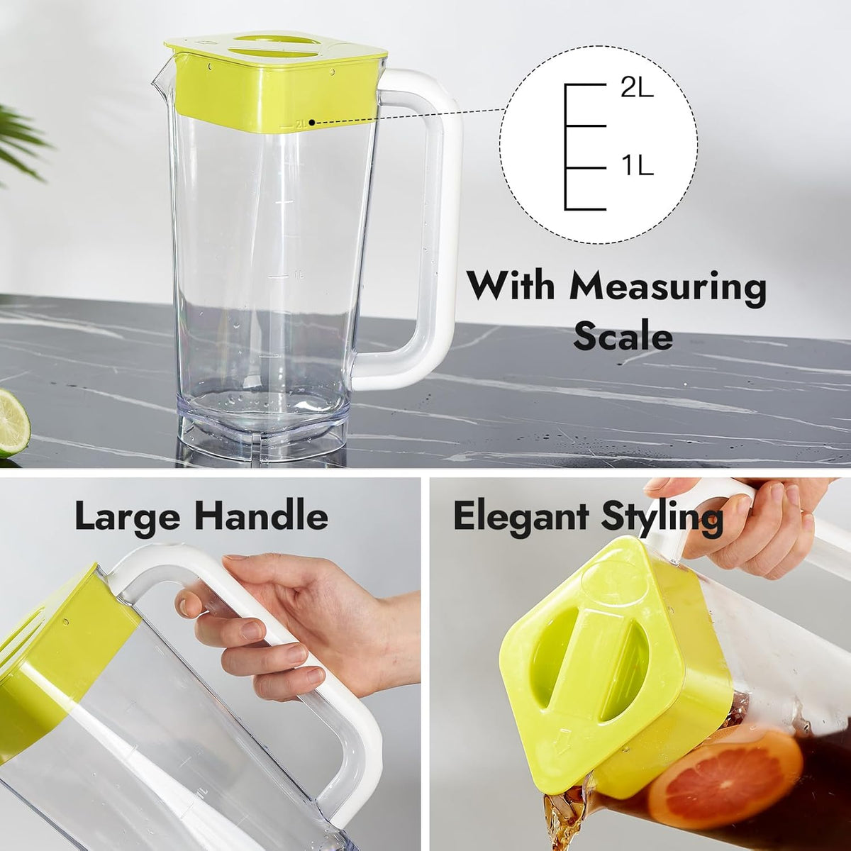 CURTA 2 Pack 2 Liters/68 oz Plastic Square Pitcher with Lid & Handle for Kitchen,ICED JUICE and Coffee Carafe Beverage Serveware, Acrylic Water Jug for Hot/Cold Drinks&lemonade