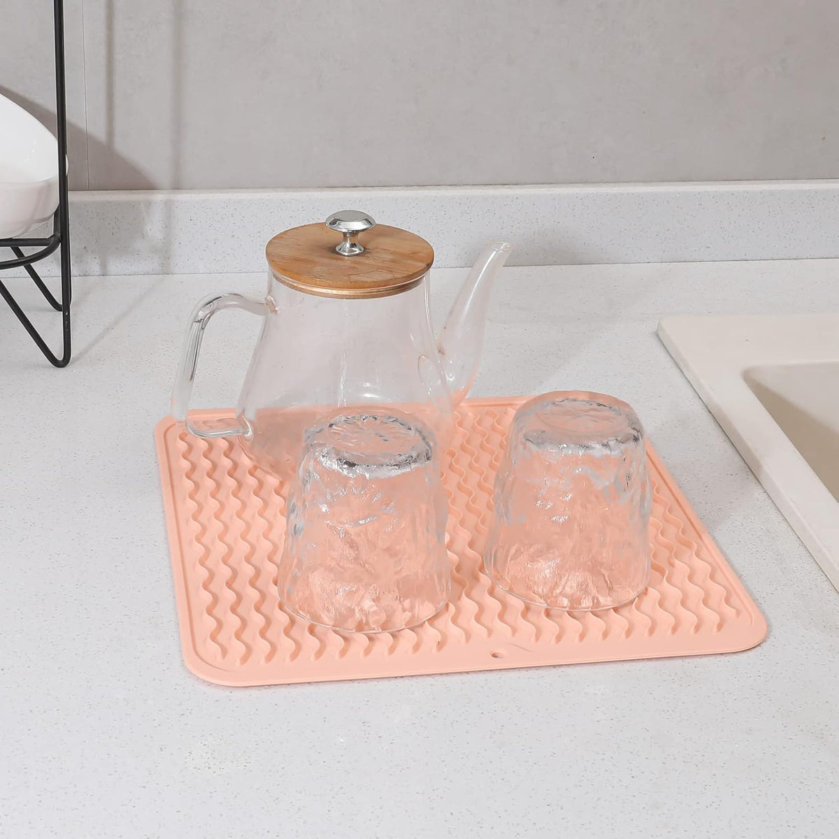 Silicone Dish Drying Mat for Multiple Usage,Easy clean,Eco-friendly,Heat-resistant Silicone Mat for Kitchen Counter or Sink,Refrigerator or Drawer liner Pink M 12 inches x 12 inches