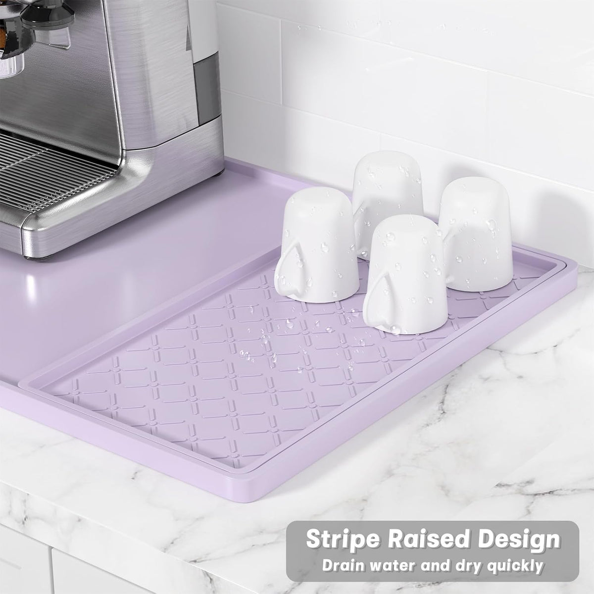 Rnivvi Silicone Coffee Mat, 16" x 24" Waterproof Raised Edge Coffee Bar Mats for Espresso Machine Station Accessories, Heat Resistant Detachable Dish Drying Pad for Kitchen Counter, Dish Rack, Purple