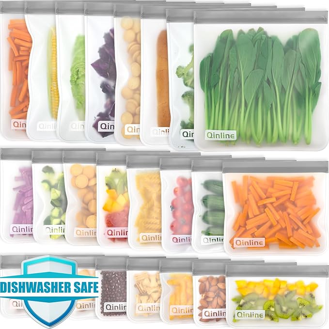 Reusable Food Storage Bags - 24 Pack Freezer Bag, Reusable Bags Silicone, Extra Thick Leakproof Lunch Bag