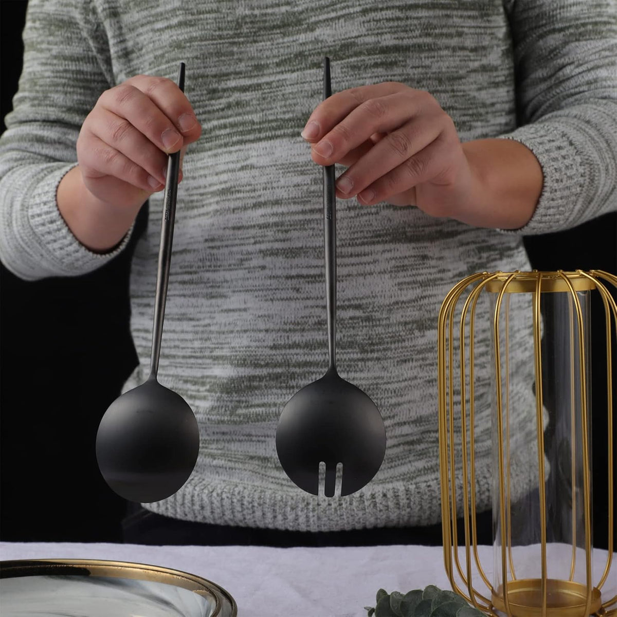 Salad Servers,Spoon and Fork Set 11.41 inch,18/10 Stainless Steel Salad Serving Titanium Plating (Black)