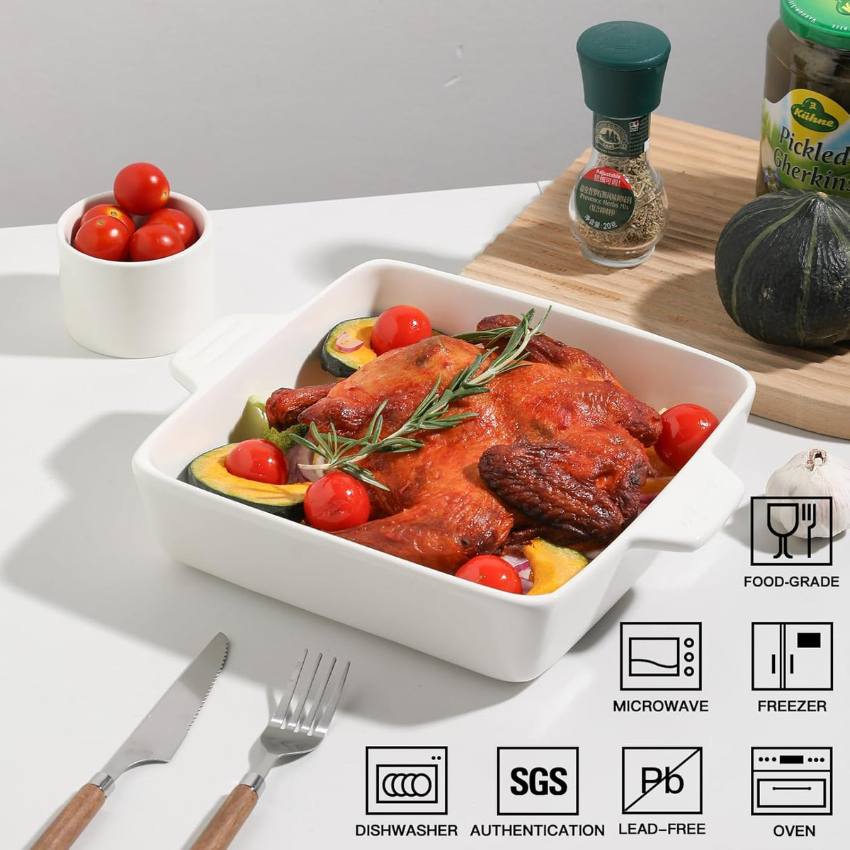 Sweejar Ceramic Baking Dish, 9 x 9 Cake Baking Pan for Brownie, Porcelain Square Bakeware with Double Handle for Casserole, Lasagna, Family Dinner (White)