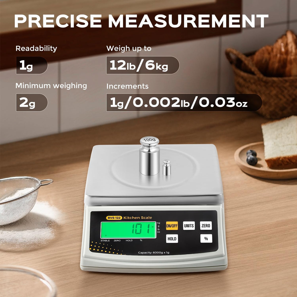Bonvoisin Digital Food Scale 12lb x 0.002lb Kitchen Scale Weight Ounces and Grams Percentage Weighing Baking Scale for Cooking, Baking, Candle Soap Making, with Stainless Steel Platter