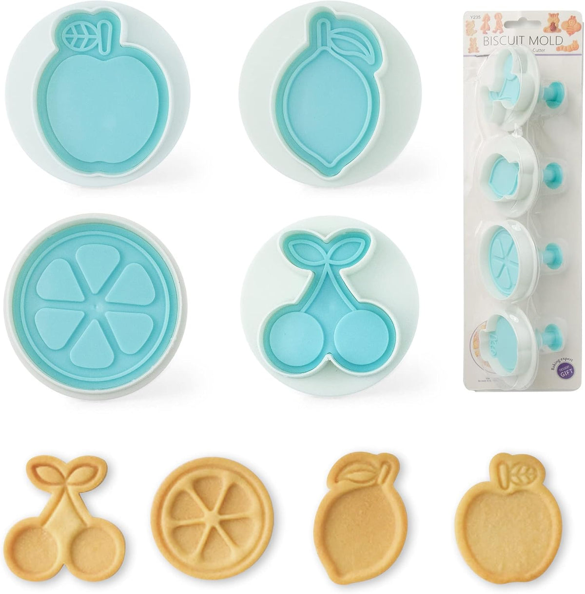 Cookie Stamps Set of 4, Cookie Press Mold, Decorating Supplies for DIY Baking, Cake, Pastry, Easy to Use- Fruit Series