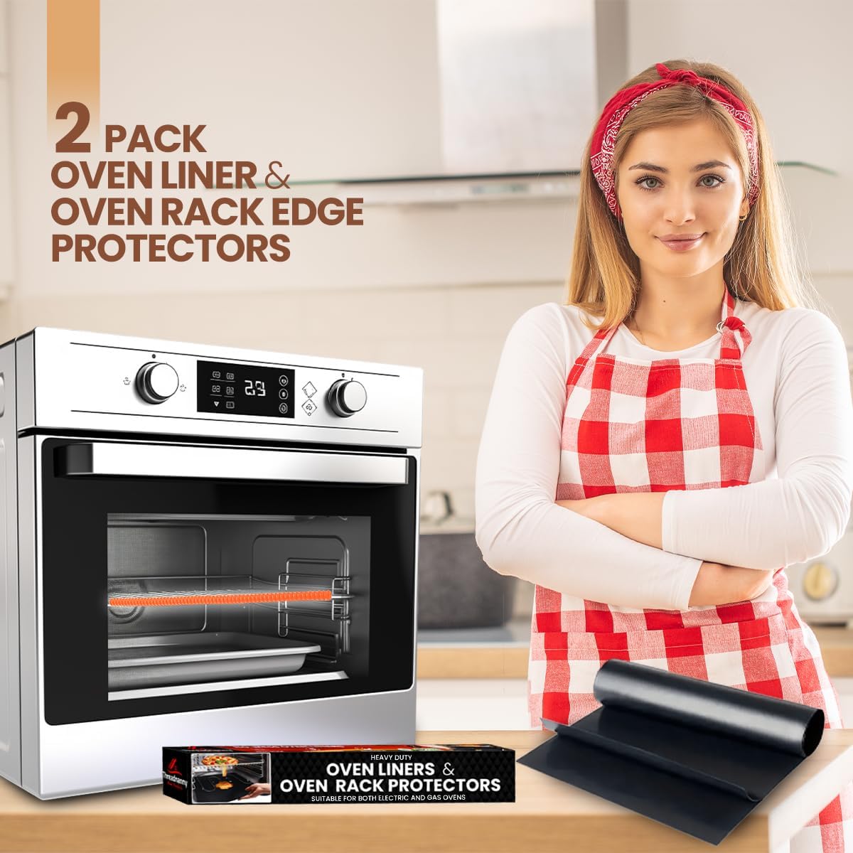 Oven Liners for Bottom of Oven Black (2-pack) Bundled with Rack Shield (2-pack) - Large Mat for Bottom of Range (17"x 25") and 22" Orange Stove Guards for Racks - Reusable & Heat Resistant