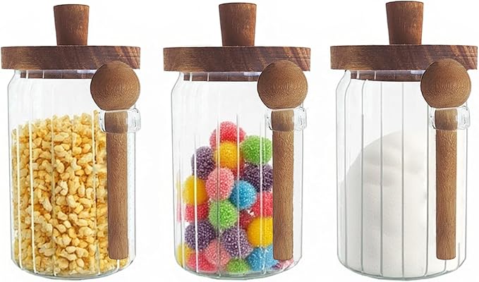 Set of 3 Glass Food Storage Jars with Handles Wood Lid and Spoon, 25 oz Glass Kitchen Canisters for Coffee, Tea, Cereal, Spice and Canning, Mason Jars, Cute Jar