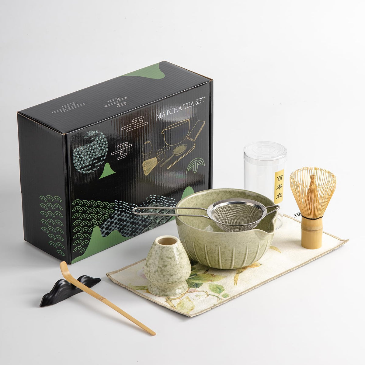 Japanese Matcha Ceremony Accessory, Matcha Whisk, Traditional Scoop (Chashaku), Tea Spoon, Whisk Holder, 1 tea bowl, 1 tea siev, The Perfect Set to Prepare a Traditional Cup of Matcha. (waitu001)