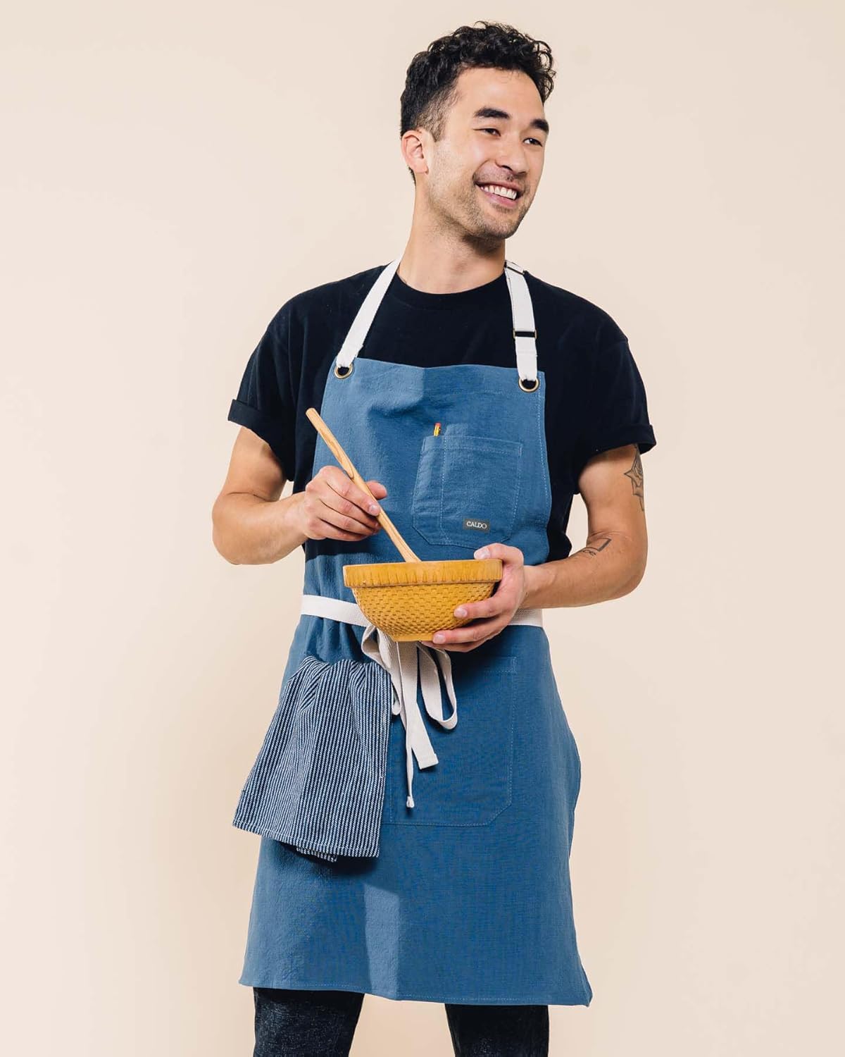 Caldo Linen Kitchen Apron for Cooking- Mens and Womens Linen Bib Apron for Professional Chef, Server, or Barista- Adjustable with Pockets (Vintage Blue)