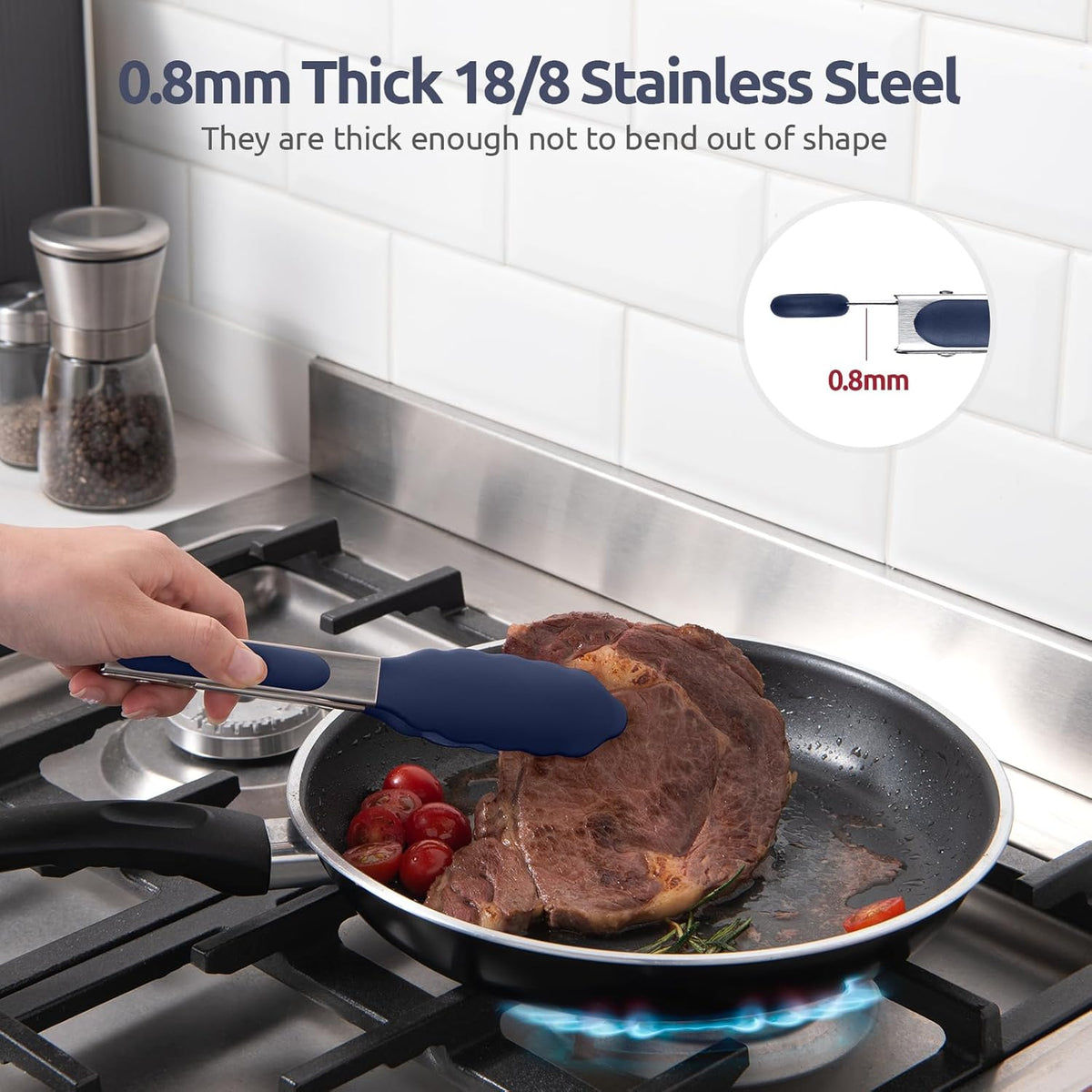 600ºF Heat Proof Kitchen Tong: U-Taste 7" Silicone Cooking Tong with Firm Sealed Non Stick Rubber Tips & Silicon Coated 18/8 Stainless Steel Handle & Smooth Locking for Serving Salad (Midnight Blue)