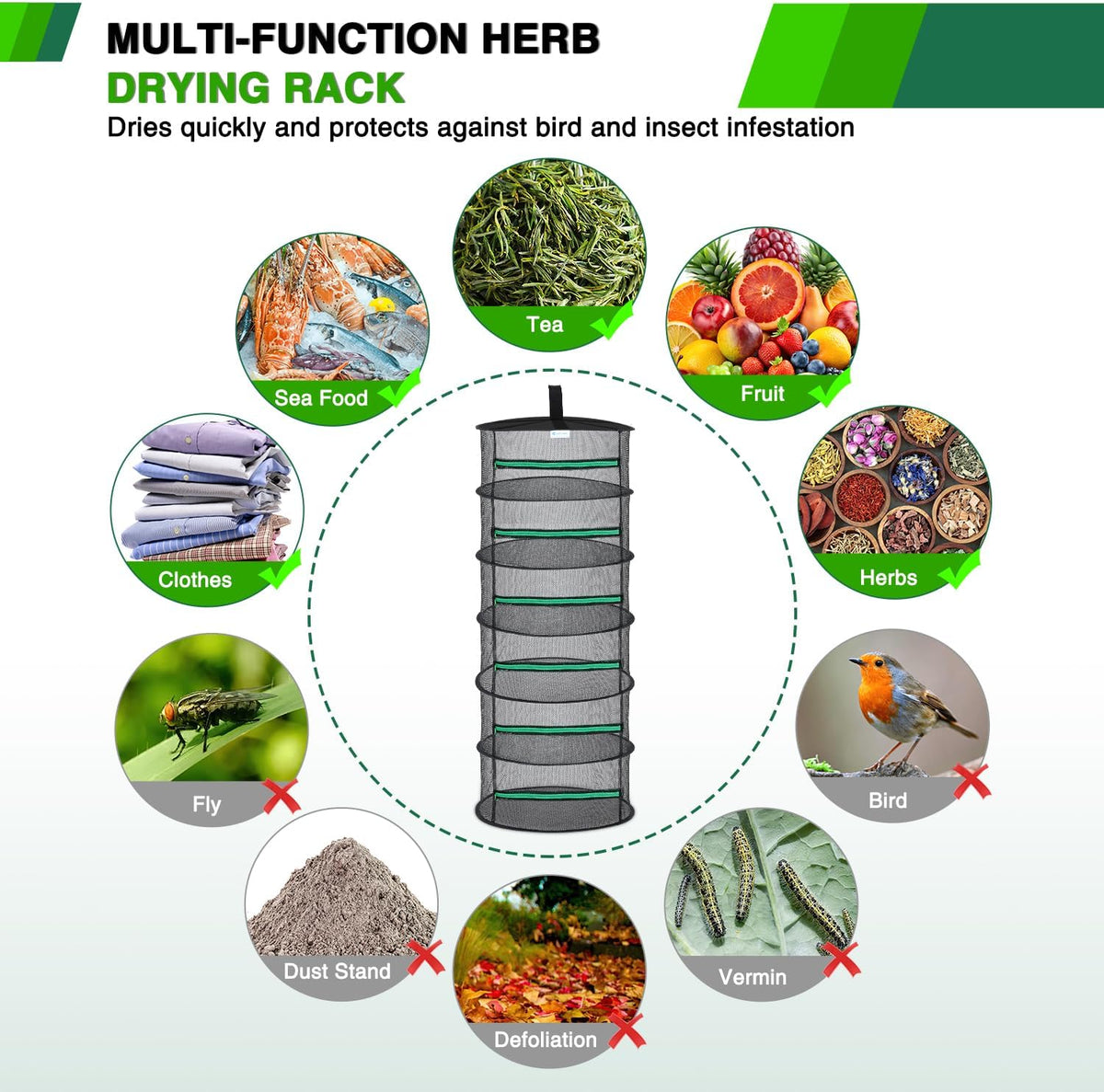 Yesker 6 Layer Herb Drying Rack Hanging Mesh Net Foldable Plant Drying Racks 24" Diameter with Green Zipper & Hook Dryer Hanging Rack for Herbs Seed Bud Fruit Clothes Grow Tent Closets Garden Outdoor