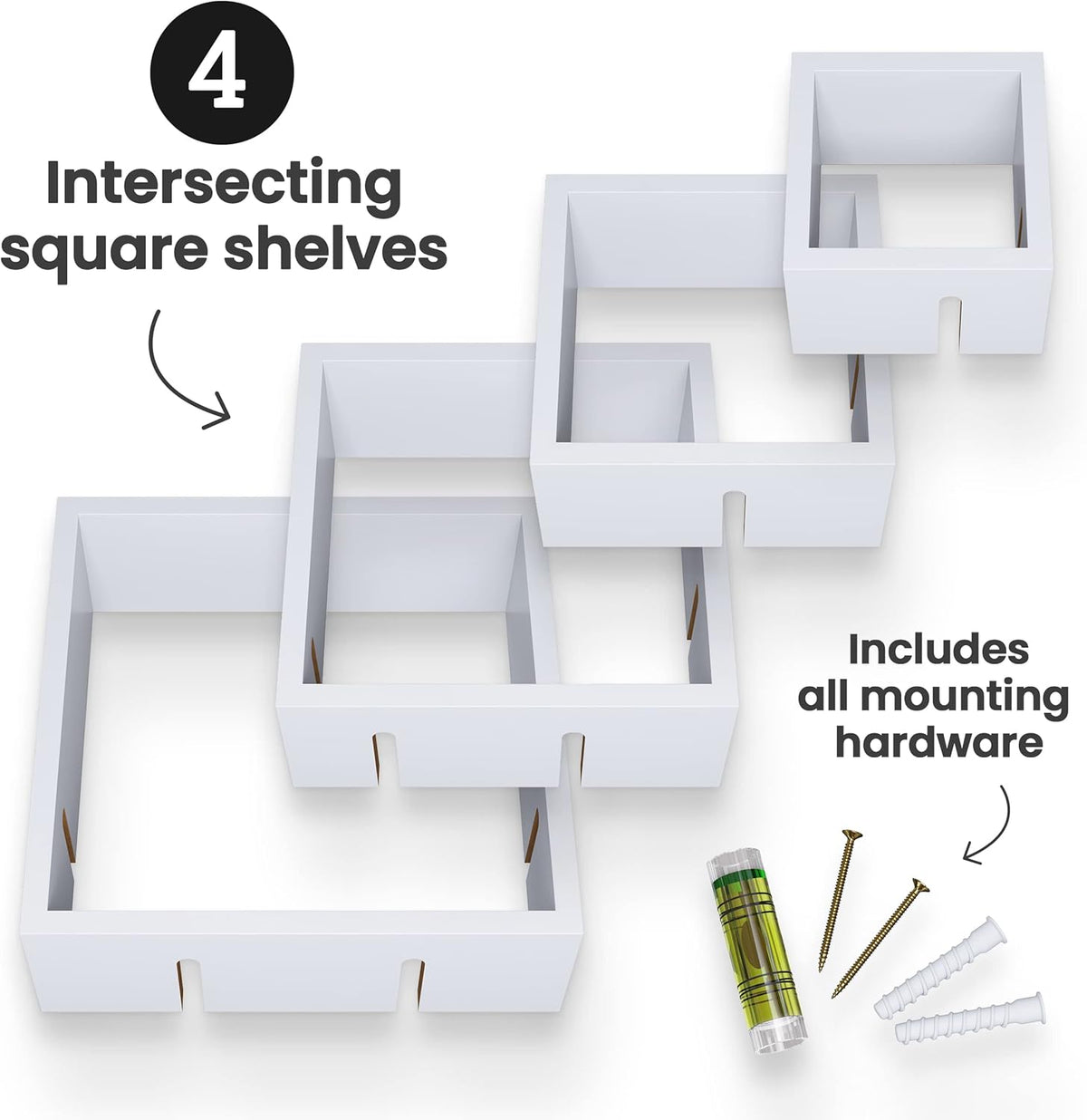 Greenco 4 Cube Intersecting Shelves, Easy-to-Assemble Floating Wall Mount Shelves for Bedrooms and Living Rooms, Rustic White Finish