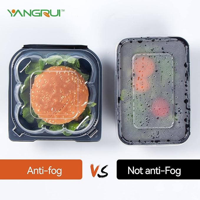YANGRUI Plastic Containers 6" 17 oz 55 Pack - Reusable Crystal View Anti Fog Lid BPA Free PP Clamshell Food Container | Shrink Wrap Freezer & Microwave Safe | Catering Hotel Grade Black Burger Box