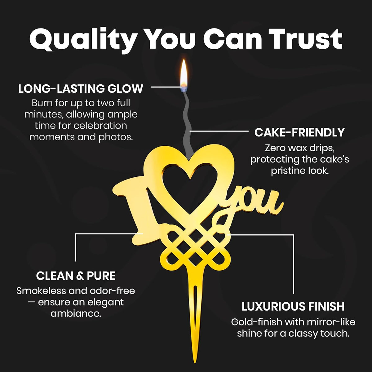 I Love You Reusable Gold Romantic Cake Candle - Luxury Cake Topper Candle for Birthdays, Weddings & Anniversaries - Reusable Food Safe Acrylic, Shiny Mirror Finish - Happy Birthday Cake Topper Decor