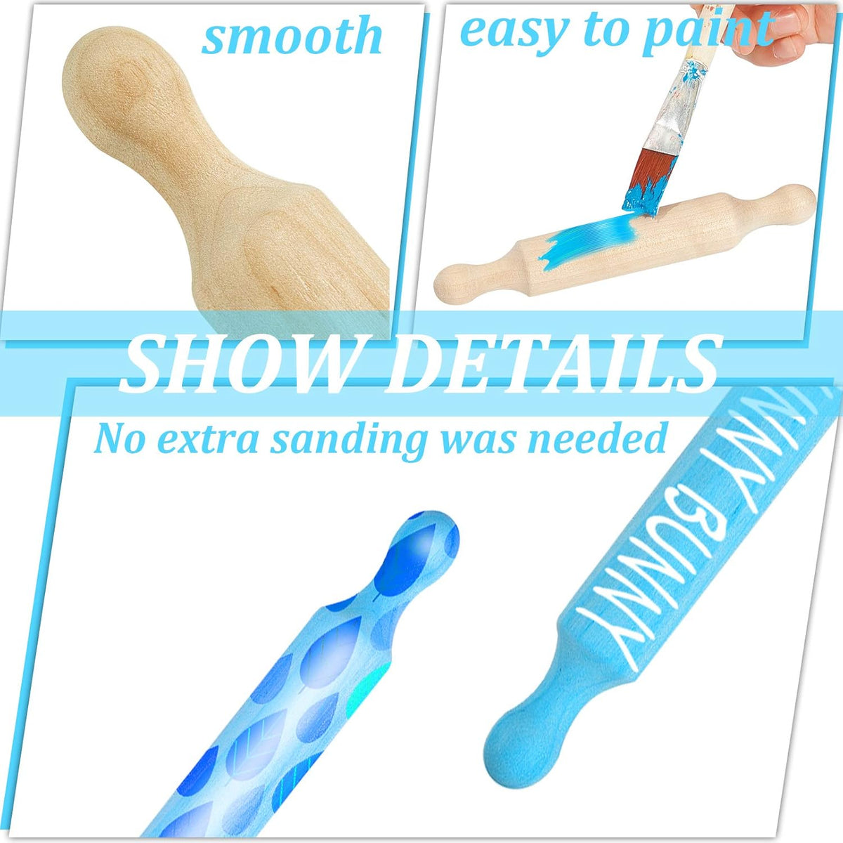 Suclain 30 Pcs Wooden Mini Rolling Pin Long Kitchen Baking Small Dough Rolling Pin for Children Fondant Pastry Pizza Crafting and Imaginative Play for Halloween and Christmas Presents (7 Inches)