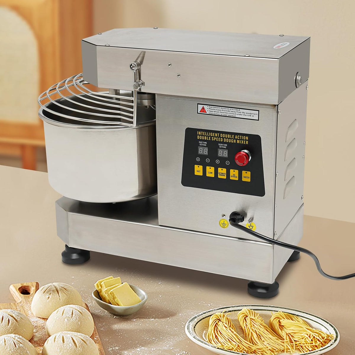 Commercial Food Mixer 750w,Stainless Steel Dual Rotating Dough Kneading Machine,10.5QT Heavy-duty Dough Mixer with Food-Grade Bowl Security Shield Timer for Bakery Restaurant Home