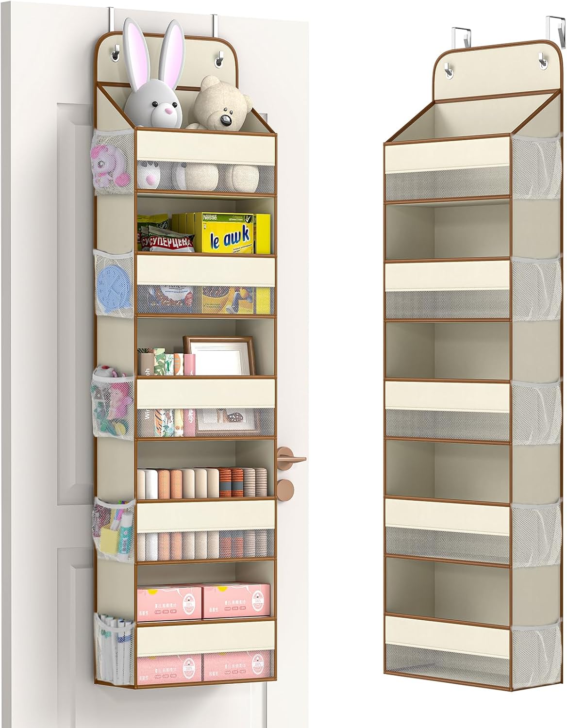 LAMU 1 Pack Over the Door Organizer Hanging with 5 Large Pockets and 10 Mesh Pockets, 44lb Over the Door Storage for Closet, Nursery and Bathroom, Behind the Door Storage with Clothes and Toys, Beige
