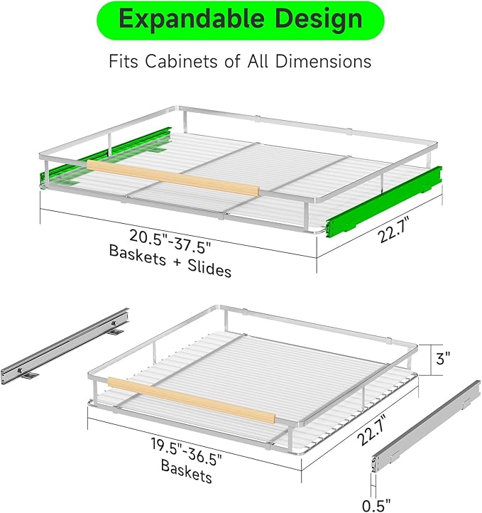 Expandable Pull Out Drawers for Cabinets, Kitchen Cabinet Slide Out Shelves, Adjustable Roll Out Drawers, X-Large 1 Pack