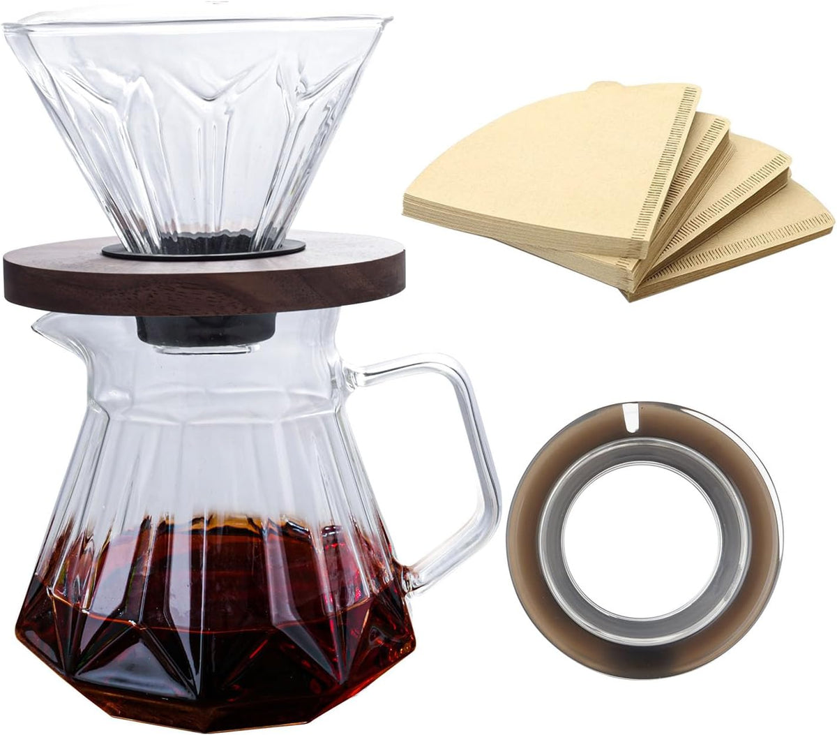 Pour Over Coffee Maker Set, 21 oz/620ml Glass Pour Over Coffee Dripper Filter Coffee Maker Kit Manual Grinder with Walnut Handle for Home Office Cafe Restaurant Camping (Clear)